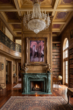 Grand room with a fireplace, ornate chandelier, and bookshelves. painting one of a kind, expensive painter, best painter