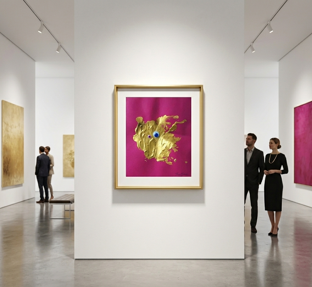 Art gallery with visitors looking at abstract art on a pink background
