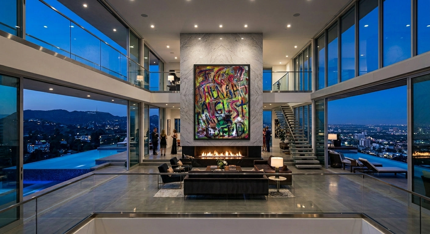Modern living room with large abstract painting, fireplace, and cityscape view. august ames