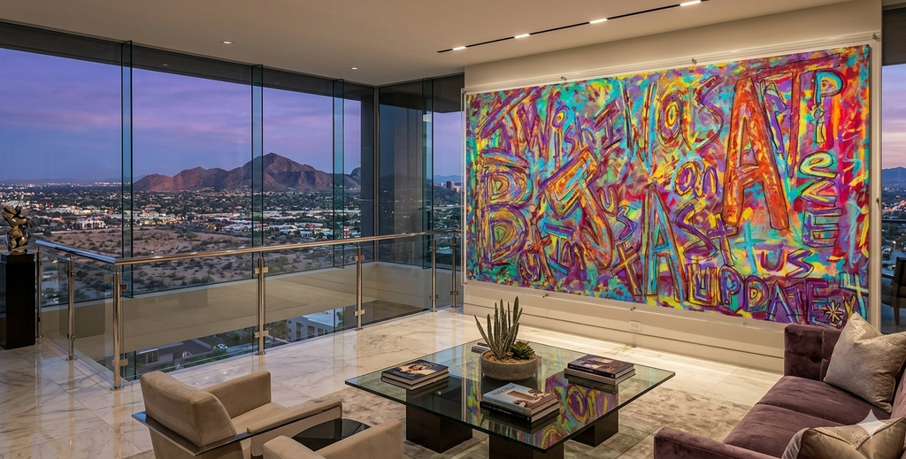 Modern living room with colorful abstract art on the wall and cityscape i wish on wall painting view.