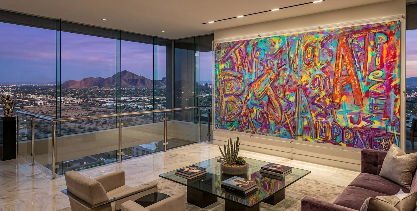 Modern living room with colorful abstract art on the wall and cityscape i wish on wall painting view.