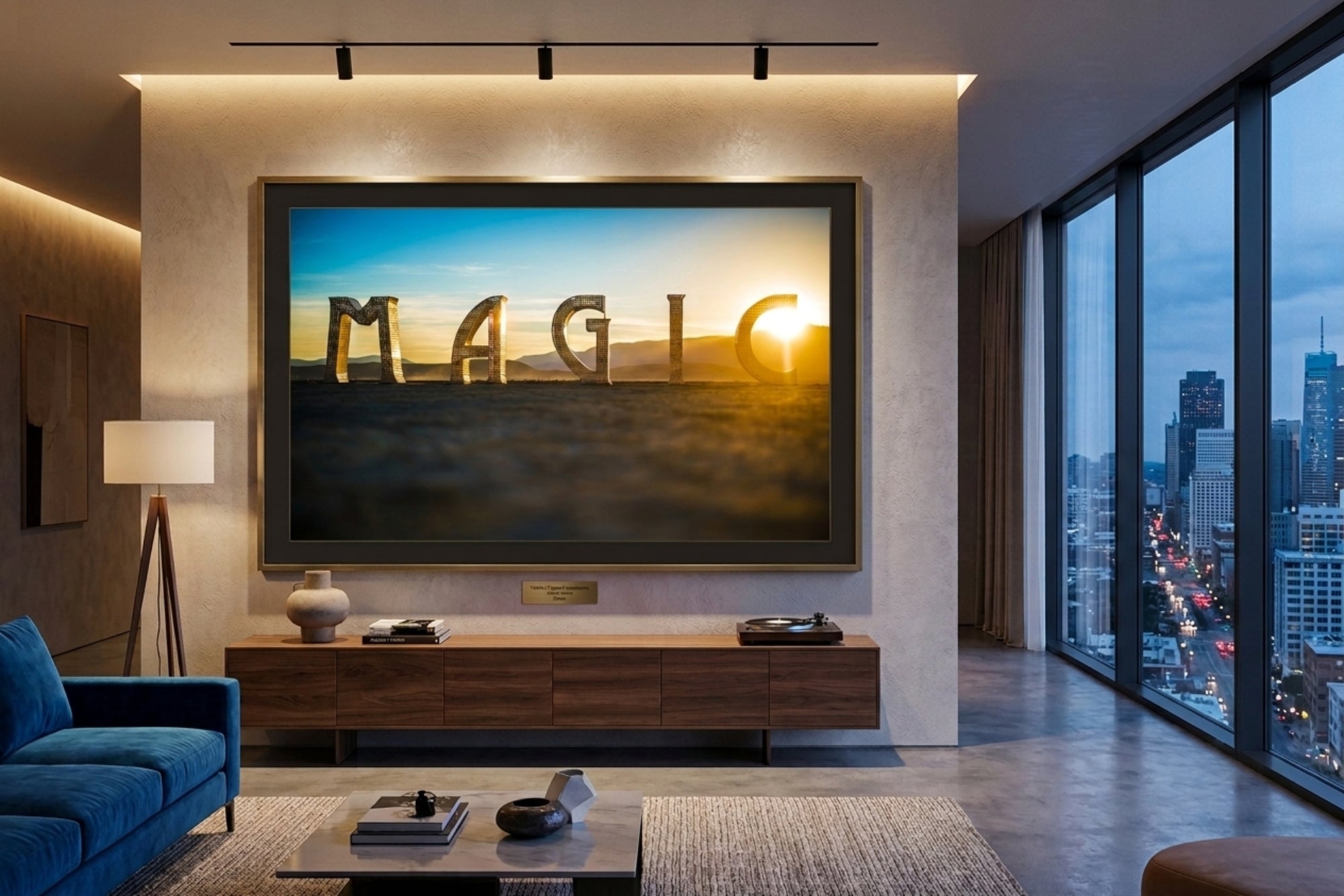 A large framed wall art print displaying the word 'MAGIC' in large letters over a sunset landscape, mounted on a beige wall in a modern living room with a blue sofa, coffee table, and floor lamp. The room has floor-to-ceiling windows overlooking a city skyline at dusk. burning man magic