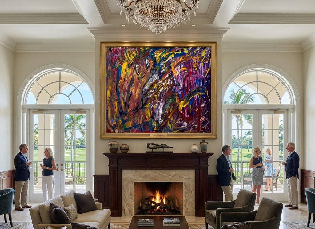 Living room with a colorful abstract painting above a fireplace, people standing around, and large windows.