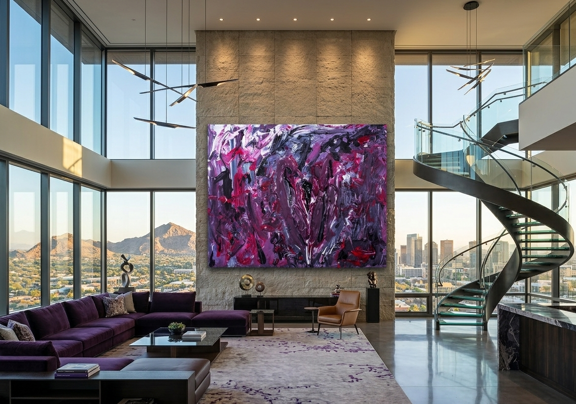 Modern living room with large abstract painting, purple sofa, and spiral staircase.